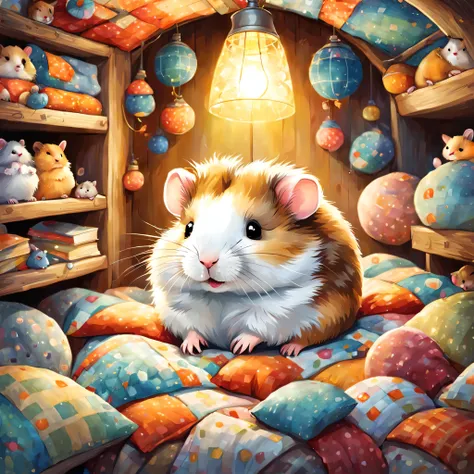 cuteAn illustration,underground:hamsterの巣穴:In the hole,hamsterの親子:animal:hibernating:cute:nestle:sleep:comfortable and warm:looks happy,An illustration,pop,colorfulに,color,dim,lamp light,hamsterの親子が眠っています:dream a happy dream,The nest is warm and full of ha...