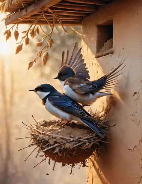 Gouache style, Beautiful detailed ，（Little swallows fly and build nests），The little swallow is busy picking up mud，The little mouth keeps opening and closing，The mud chunks picked up each time are not big..，Carefully place the mud blocks under the eaves，in...