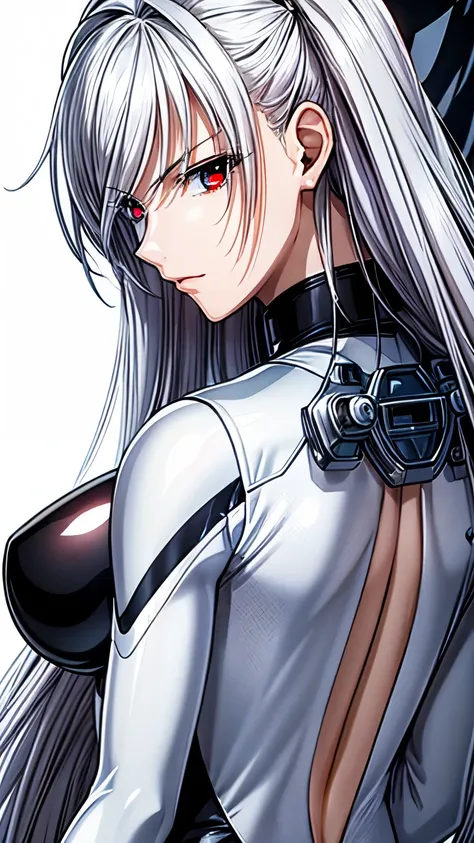 (masterpiece, best quality, ultra-detailed, highres, illustration:0.8), extremely detailed wallpaper, official art, amazing, high detail, ultra-detailed, extremely detailed 8k wallpaper,closed full body, bright silver hair, red eyes with slit pupils, (whit...