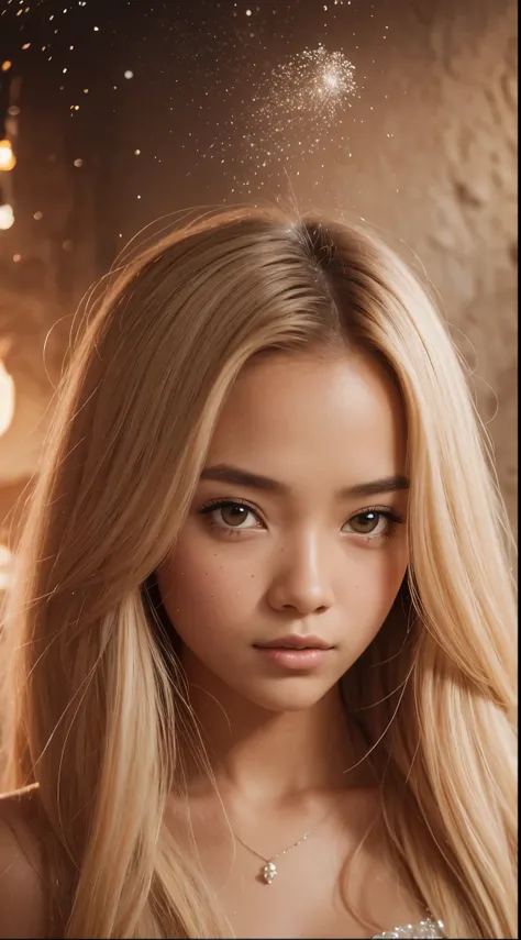 Capture the young 18 years old malay girl with long blonde hair in a vast cavern filled with towering, sparkling crystals. The radiant crystals reflect the light, casting a surreal and enchanting glow. style raw, pastel color grading, Super 8mm lense, Extr...