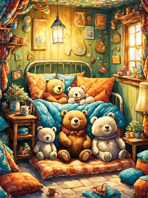 cuteAn illustration,underground:endures:In the hole,bear family:animal:hibernating:cute:nestle:sleep:comfortable and warm:looks happy,An illustration,pop,colorfulに,draw with thick lines,color,dim,lamp light,hibernatingのbear familyが眠っています:dream a happy drea...