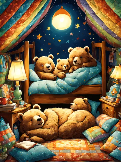 cuteAn illustration,underground:endures:In the hole,bear family:animal:hibernating:cute:nestle:sleep:comfortable and warm:looks happy,An illustration,pop,colorfulに,draw with thick lines,color,dim,lamp light,hibernatingのbear familyが眠っています:dream a happy drea...