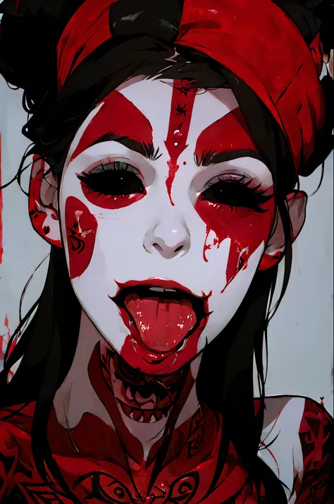 Portrait, sex-addicted cannibal woman, darting tongue,(red tribal tattoo:1.2), (blood dripping on white face:1.2), (bloody face:1.3), bizarre expression