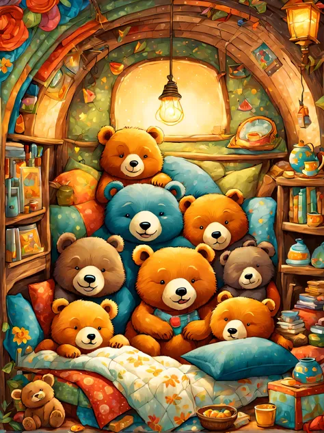 cuteAn illustration,underground:endures:In the hole,bear family:animal:hibernating:cute:nestle:sleep:comfortable and warm:looks happy,An illustration,pop,colorfulに,draw with thick lines,color,dim,lamp light,hibernatingのbear familyが眠っています:dream a happy drea...