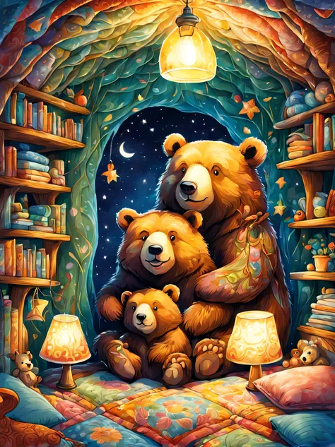 cuteAn illustration,underground:endures:In the hole,bear family:animal:hibernating:cute:nestle:sleep:comfortable and warm:looks happy,An illustration,pop,colorfulに,draw with thick lines,color,dim,lamp light,hibernatingのbear familyが眠っています:dream a happy drea...