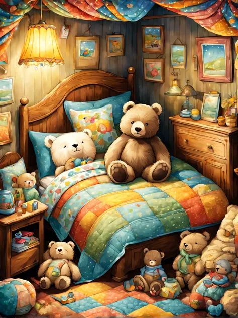 cuteAn illustration,underground:endures:In the hole,bear family:animal:hibernating:cute:nestle:sleep:comfortable and warm:looks happy,An illustration,pop,colorfulに,draw with thick lines,color,dim,lamp light,hibernatingのbear familyが眠っています:dream a happy drea...