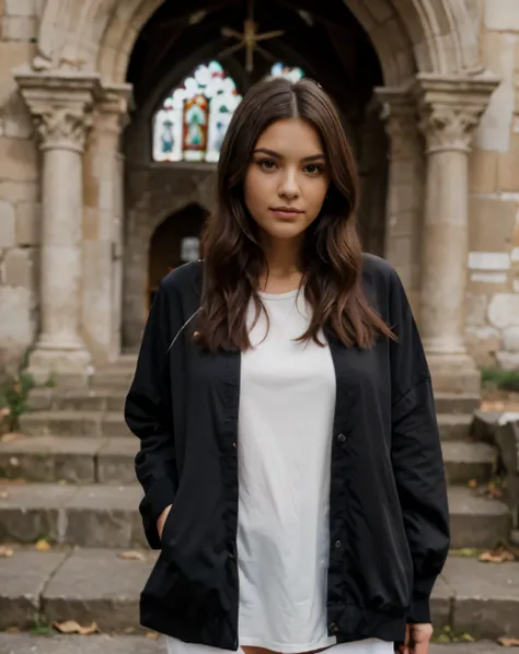 A woman dressed in comfortable clothes in front of an ancient church 