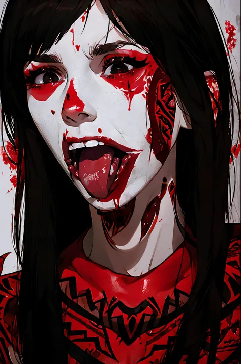 Portrait, sex-addicted cannibal woman, darting tongue,(red tribal tattoo:1.2), (blood dripping on white face:1), (bloody face:1.3), bizarre expression