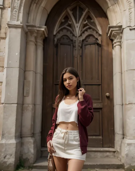 A woman dressed in comfortable clothes in front of an ancient church 