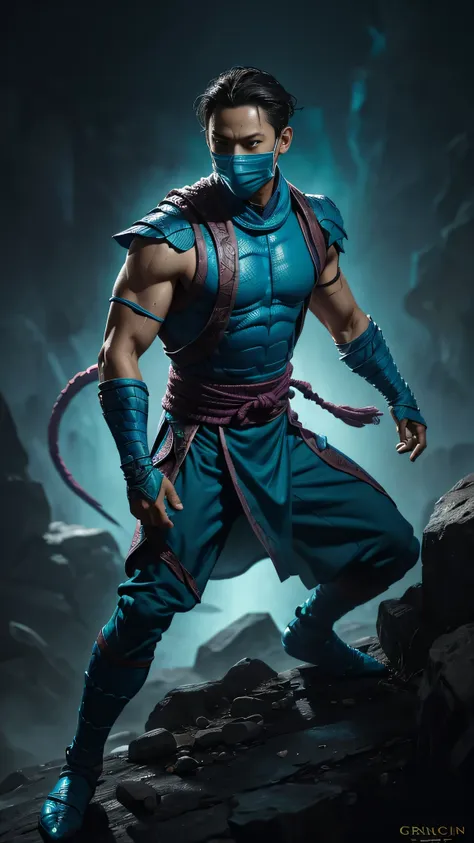 ((daniel wu)) as chameleon from mortal kombat, (1boy), fighting standing, turquoise ninja outfit, (with reptilian motifs), (ninj...