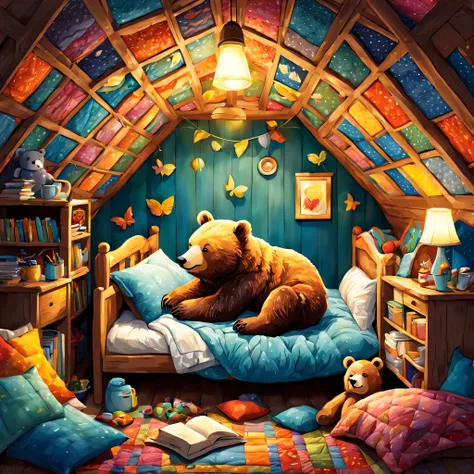 cuteAn illustration,underground:endures:In the hole,bear family:animal:hibernating:cute:nestle:sleep:comfortable and warm:looks happy,An illustration,pop,colorfulに,draw with thick lines,color,dim,lamp light,hibernatingのbear familyが眠っています:dream a happy drea...