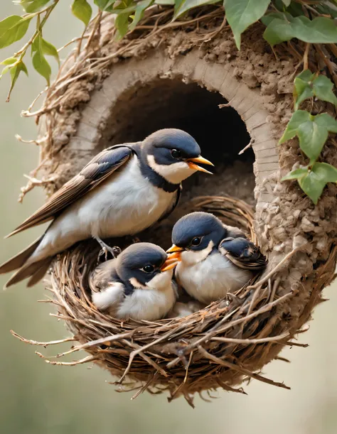 gouache style, beautiful detailed ，（mother swallow is feeding the little swallow in the nest），（two little swallows open their mo...