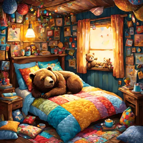 cuteAn illustration,underground:endures:In the hole,Bear brother:Subbear:animal:hibernating:cute:nestle:sleep:comfortable and warm:looks happy,An illustration,pop,colorfulに,draw with thick lines,color,dim,lamp light,hibernatingのクマの親子が眠っています:dream a happy d...