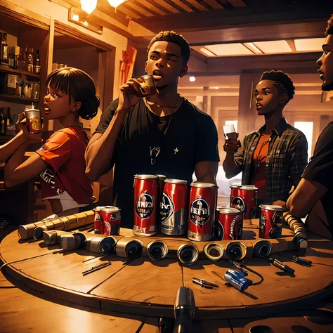 young black people having a crazy wild house party. drugs guns money beer cans. red cups and turns deadly.