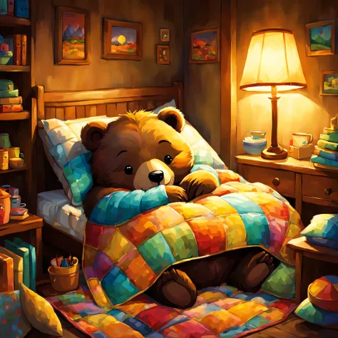 cuteAn illustration,underground:endures:In the hole,Bear brother:animal:hibernating:cute:nestle:sleep:comfortable and warm:looks happy,An illustration,pop,colorfulに,draw with thick lines,color,dim,lamp light,hibernatingのクマの親子が眠っています:dream a happy dream,The...