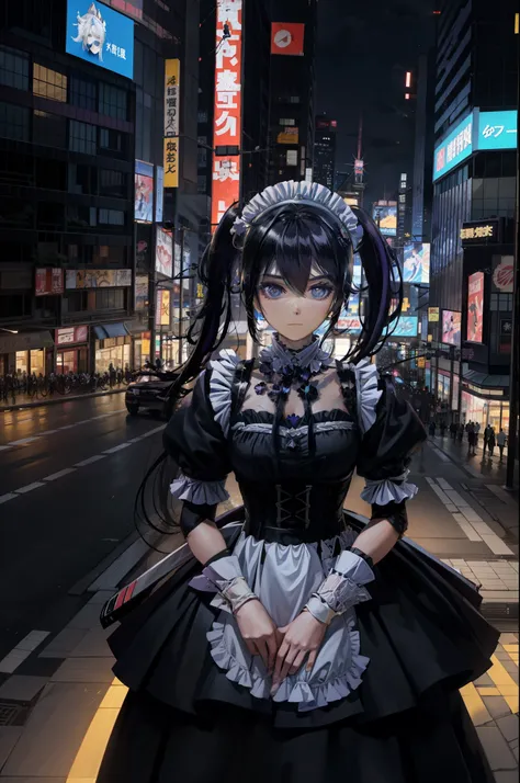 Akiba maid war: A lively and dynamic scene of anime maids clashing in the bustling district of Akihabara. The maids, dressed in various colorful and frilly outfits, wield unique weapons and engage in intense battles against each other. The background is ch...