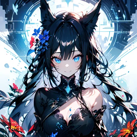 1 girl, flower, long hair, Eye, Smile, animal ears, Upper body, Tree, medium breasts, black hair, masterpiece, best quality,