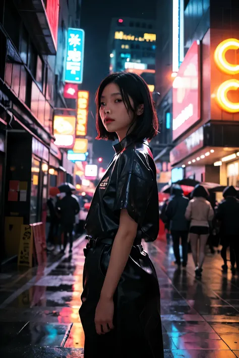 analog style| Photo of a woman standing alone in the rain silhouetted by neon lights | cyber punk | City of night | Canon EF50mmf/1.8 STM lens | 2077 | realistic | hyperrealistic | ray tracing | Depth of bounds written | lots of colors | cinematic | very d...