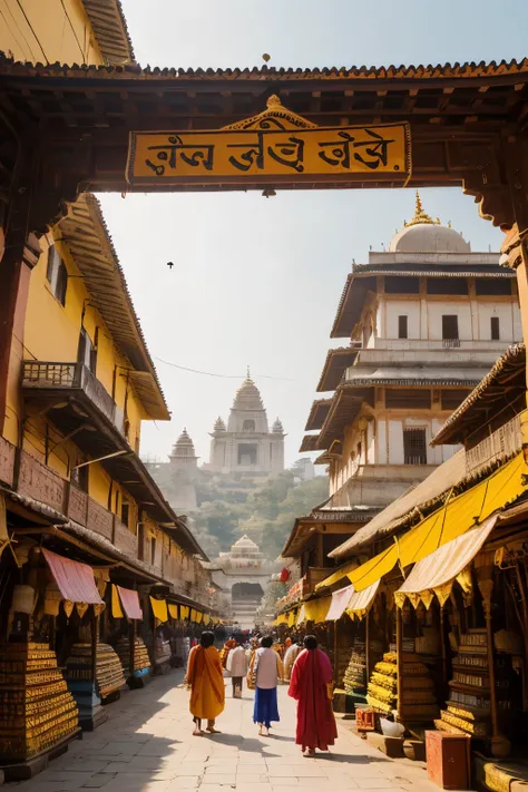 Capture the essence of Ayodhya with high-quality images, showcasing the city bathed in golden light from Kesari flags, offering a panoramic view to emphasize the cultural and spiritual vibrancy of the ancient city. The riverside temples gleam in the sunlig...