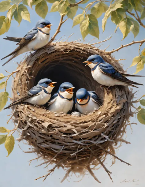Gouache style, Beautiful detailed ,(Mother swallow is feeding the little swallow in the nest),(Two little swallows open their mouths,Use their young mouths to fight for the little bugs brought by their mothers。.),(Snowy 0.6),in the sun,The feathers of the ...