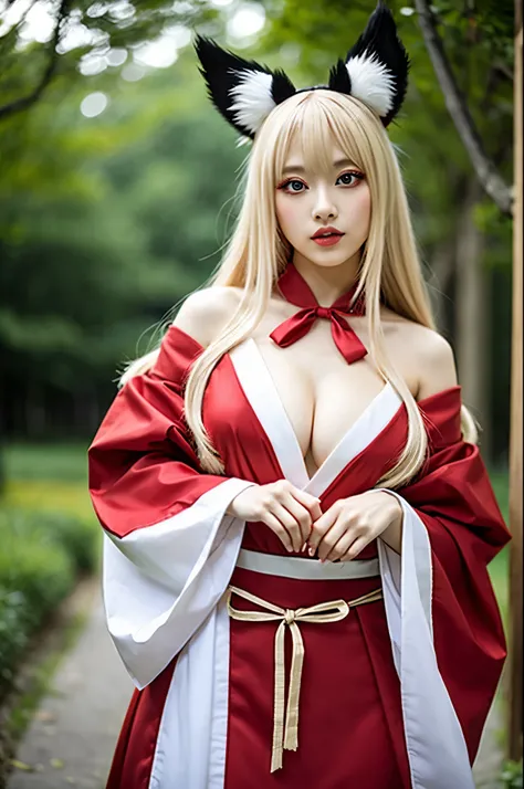 nine tailed fox、Demon Fox、Tamamo-mae、blonde、blondeロング、long hair、Princess Cut、princess cut、Miko costume、shrine maiden costume、sexyな外見、Bewitching、Demon Foxな外見、sexy、big breasts、big breasts、outstanding style、red eyes、red eyes、SEX