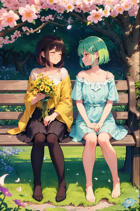 In a tranquil garden filled with an array of vibrant flowers, two young friends, their faces radiant with joy and nostalgia, sat on a worn-out bench. The sun cast dappled shadows through the foliage, illuminating their pleased expressions as they reminisce...