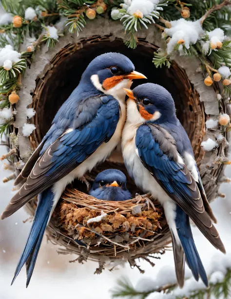 Gouache style, Beautiful detailed ,(Mother swallow is feeding the little swallow in the nest),(Two little swallows open their mouths,Use their young mouths to fight for the little bugs brought by their mothers。.),The feathers of the little swallow shine wi...