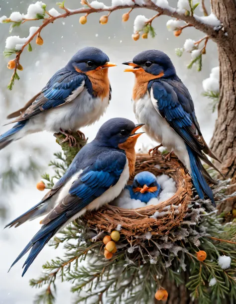 Gouache style, Beautiful detailed ,(Mother swallow is feeding the little swallow in the nest),(Two little swallows open their mouths,Use their young mouths to fight for the little bugs brought by their mothers。.),The feathers of the little swallow shine wi...