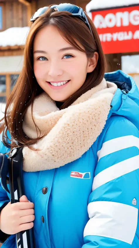 realistic, 1 girl, shining eyes, smile、brown hair、Ultra high definition、20-year-old、Ski resort、snow、ski wear、big breasts、goggles、beautiful eyes、snow board