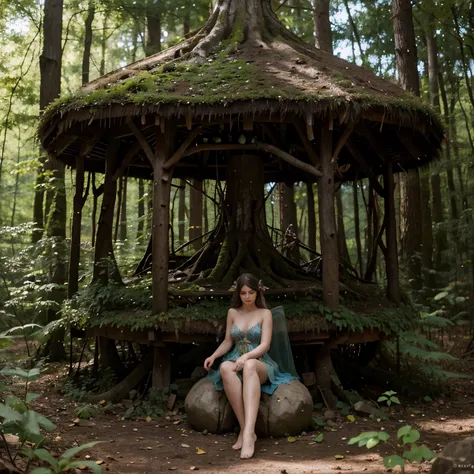 Fairy in an echanted forest , mysticalcand spiritual mushroom houses