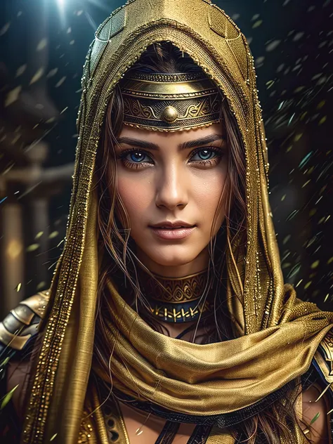 A very handsome ancient Arabic female warrior, Sharp gaze, Slight movements, Looking towards the camera, helmeted, Full body armor, Portrait of Characters, Lens above the chest, local weather, The background is the ancient Flag and an ancient battlefield w...