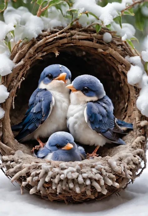Gouache style, Beautiful detailed ,(Mother swallow is feeding the little swallow in the nest),(Two little swallows open their mouths,Use their young mouths to fight for the little bugs brought by their mothers。.),Feathers shine with blue-black sheen,Each p...