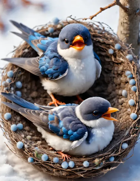 Gouache style, Beautiful detailed ,(Mother swallow is feeding the little swallow in the nest),(Two little swallows open their mouths,Use their young mouths to fight for the little bugs brought by their mothers。.),Feathers shine with blue-black sheen,Each p...