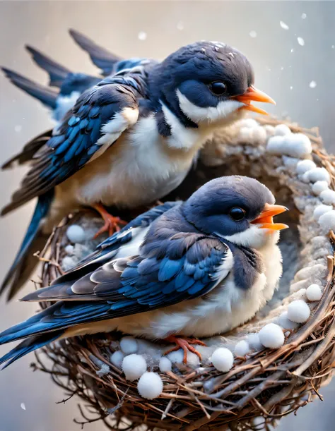 Gouache style, Beautiful detailed ，（Mother swallow is feeding the little swallow in the nest），（Two little swallows open their mouths，Use their young mouths to fight for the little bugs brought by their mothers。.），Feathers shine with blue-black sheen，Each p...