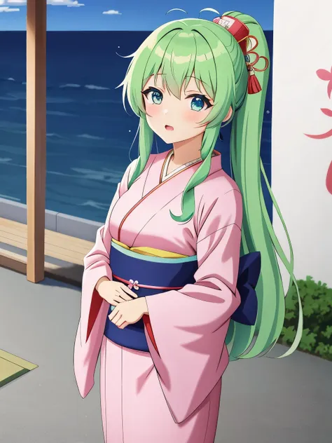 anime girl in kimono looking at camera, in kimono, anime style 4k, anime girl with green hair and blue eyes wearing japanese clo...