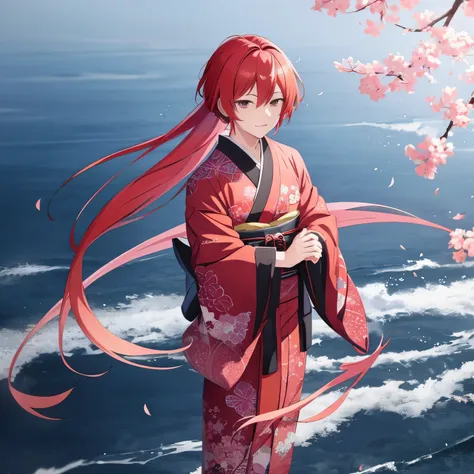 anime boy in kimono looking at camera, in kimono, anime style 4k, anime boy with red hair and black eyes wearing japanese clothe...