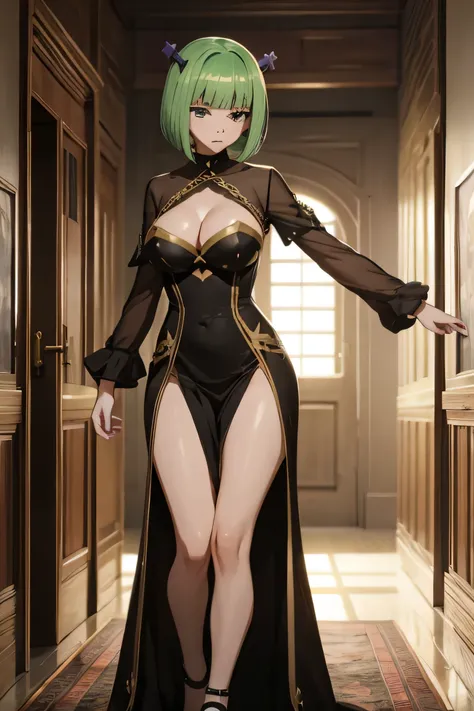 absurdos, high resolution, ultra-afiado, 8k, obra de arte, brandish, 1 garota, cabelo verde, cabelo curto, {{Vestido de noite preto}}, sala, noite, corpo todo, {curvado}, {{dedos perfeitos}}