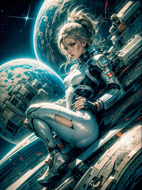 master-piece，1 monk warrior girl with white tech suit clothes，White long hair，laces，Abstract retro sci-fi background，art of moebius，Ashley Woods art，dynamicpose，Wandering Earth，Space Starry Sky