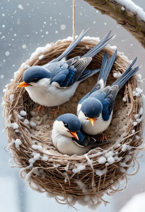 Gouache style, Beautiful detailed ,(Mother swallow is feeding the little swallow in the nest),(Two little swallows open their mouths,Use their young mouths to fight for the little bugs brought by their mothers。.),Feathers shine with blue-black sheen,Each p...