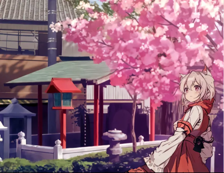 Anime girl in red dress walking in front of building, Best Anime 4K Konachan Wallpapers, cherry blossom season, from Touhou, heroine japan vivid landscape, Touhou project, anime style 4k, cherry blossom season dynamic lighting, 4k comic wallpaper, Touhou, ...