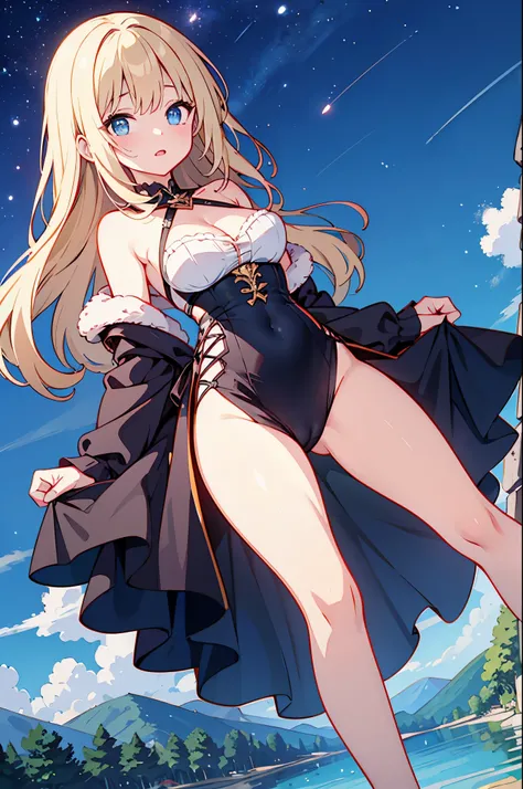 （masterpiece）、(highest quality)、((Super detailed))、(super delicate)、Princess in a naughty dress、platinum blonde、beautiful breasts、Thighs、Gorgeous、lake with mountain view、Fantastic starry sky