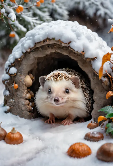 Gouache style, Beautiful detailed , (The little hedgehog secretly looked out of the hole), very cute, background: Blizzard, Detailed photography, Canon EOS R5, 70mm lens, depth of field, (Cute little hedgehog stretches out his head to peek at the hole) nut...