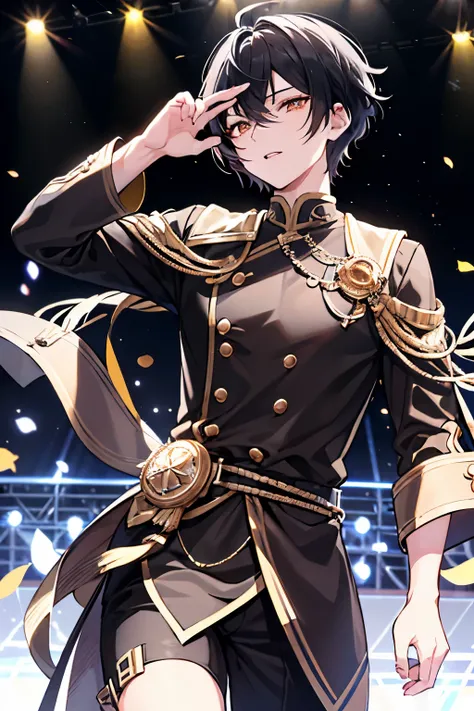 male　black hair　golden eyes　short hair　Idol　Idol衣装　stage　Sing with a microphone　masterpiece　Highest image quality　noise removal　clear parts 　cinematic shadow　Increased attractiveness of the eyes　clear parts the shine of the eyes　Draw eyelashes neatly　perfe...