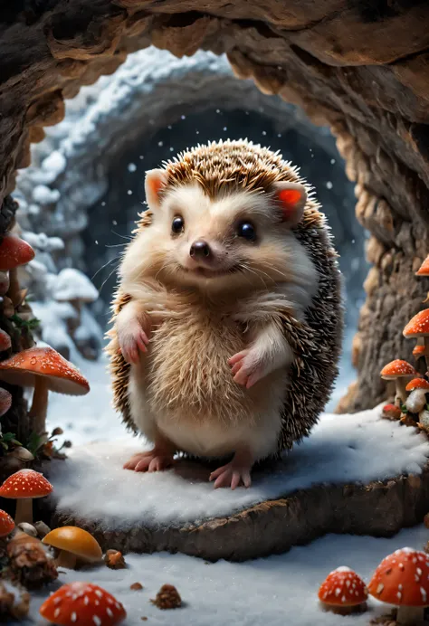 Combination art style, Beautiful detailed,(Cute little hedgehog standing at the entrance of the cave, Stretch out your little head and look at it warily.) nuts, mushroom, fruit, very cute. background: It snowed heavily,background:(snow covered cave entranc...