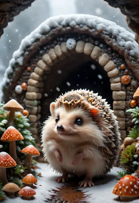 Combination art style, Beautiful detailed,(Cute little hedgehog standing at the entrance of the cave, Stretch out your little head and look at it warily.) nuts, mushroom, fruit, very cute. background: It snowed heavily,background:(snow covered cave entranc...