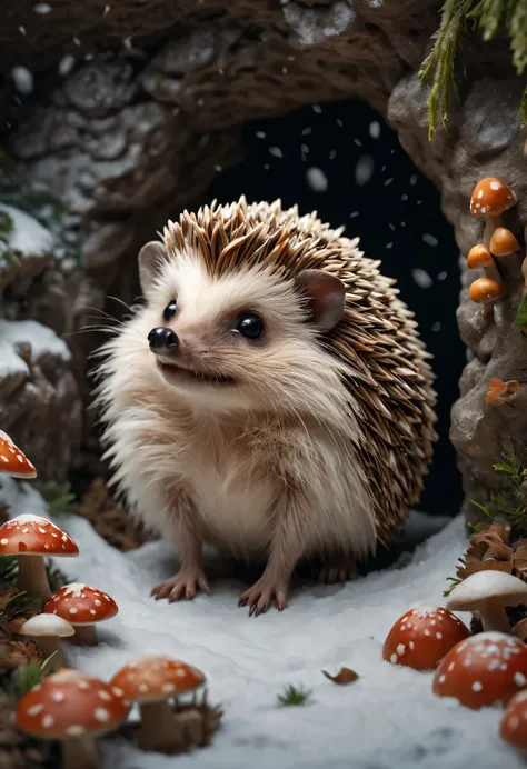 Combination art style, Beautiful detailed，(Cute little hedgehog standing at the entrance of the cave, Stretch out your little head and look at it warily.) nuts, mushroom, fruit, very cute. background: It snowed heavily,background：（snow covered cave entranc...