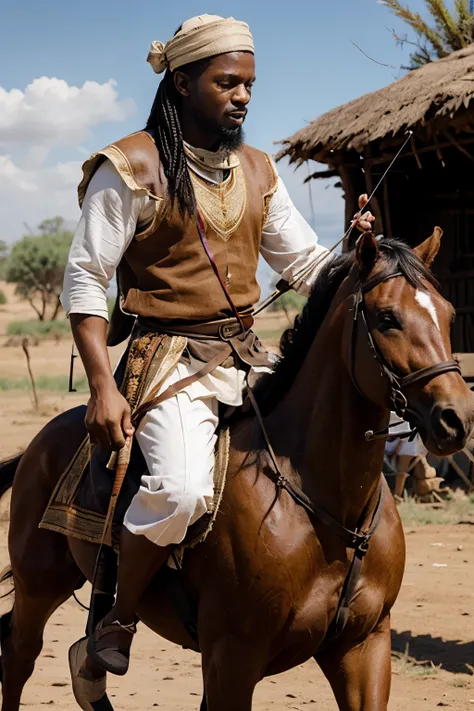 wearing Modest clothing ,brown skin man wearing african garments during biblical times riding on a horse with a bow and arrow in hand, Garments