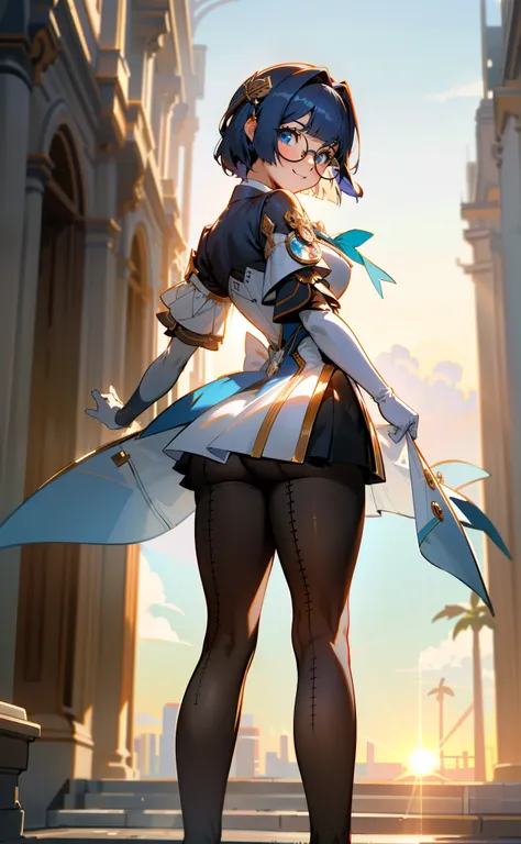 [pelaV4], ((masterpiece)), ((HD)), ((high res)), ((solo portrait)), ((back view)), ((lower-angle view)), ((ass focus)), ((beautiful render art)), ((anime)), ((detailed shading)), {woman; (cute blue eyes, short eyelashes, short blue hair, (curvy hips), (bea...