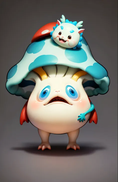 A mushroom with a dragon lying on its head, 3D rendering, c4d modeling, ultra-clear image quality, clay material, blind box hand-made style, Morandi color scheme, soft and clean colors, fine lines, mushroom, fungus, cute forest creatures,mushroom, Based o...