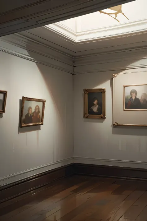 Medium shot angle, an empty space on the gallery wall where the centerpiece painting once hung. The surrounding artworks are in disarray, suggesting a hurried removal. The room is dimly lit, adding to the sense of intrigue and mystery. The absence of the p...